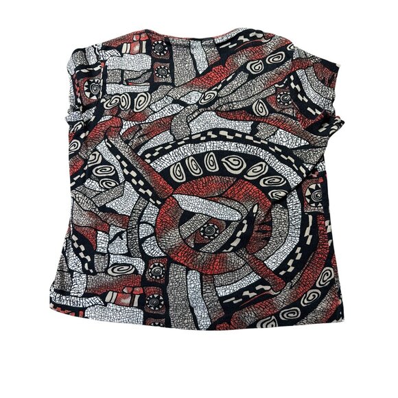 Chicos Abstract Print Top Size L Black/Red/White V-Neck Short Sleeve Lightweight - Picture 4 of 5
